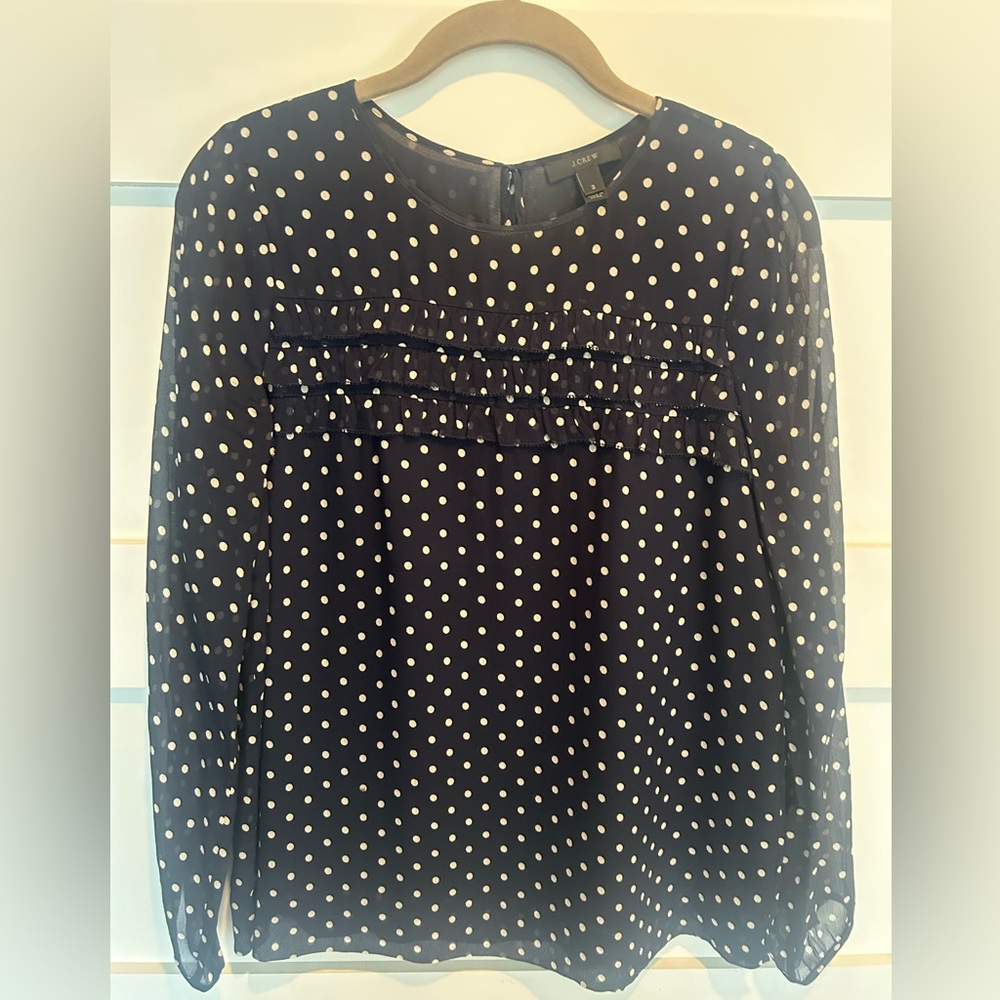 J. Crew Long Sleeve Silk Top, Navy, Polka Dots, Size 2